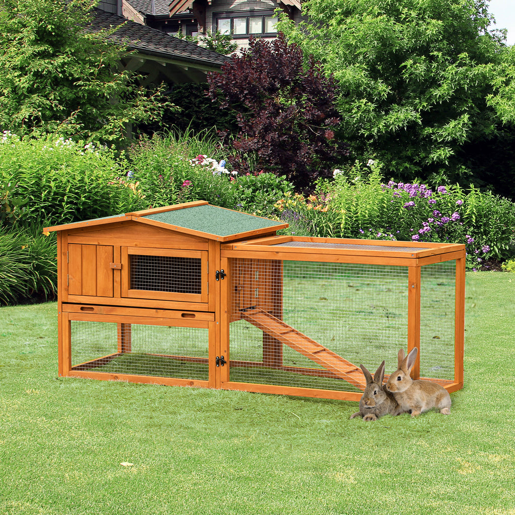 PawHut Rabbit Hutch and Run Outdoor Bunny Cage Wooden Guinea Pig Hide House with Sliding Tray, Hay Rack, Ramp, 156 x 58 x 68cm - Inspirely