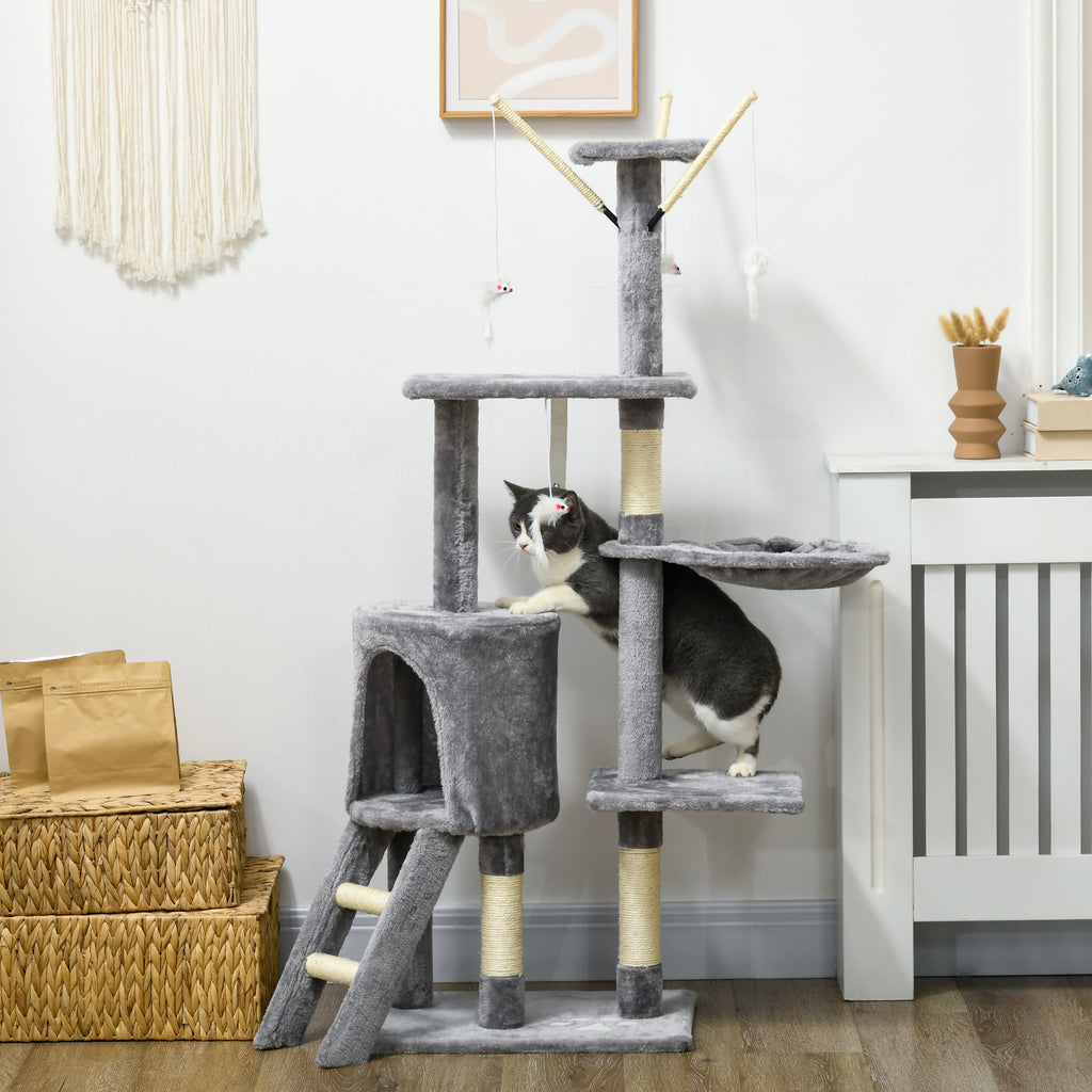 PawHut Cat Scratching Post Cat Tree for Indoor Cats Climbing Tower Scratcher w/ Ladder Kitty Activity Centre 135cm Grey