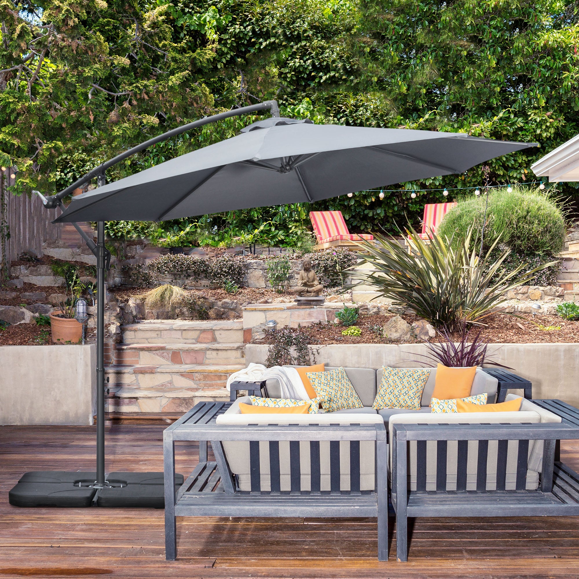 Outsunny 3(m) Garden Parasol Sun Shade Banana Umbrella Cantilever with Crank Handle, Cross Base Dark Grey