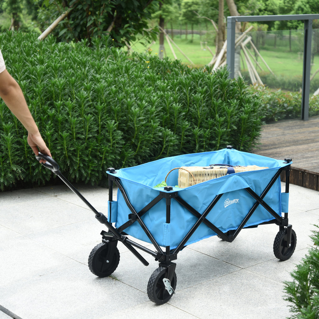Outsunny Pull Along Cart Folding Cargo Wagon Trailer Trolley for Beach Garden Use with Telescopic Handle - Blue - Inspirely