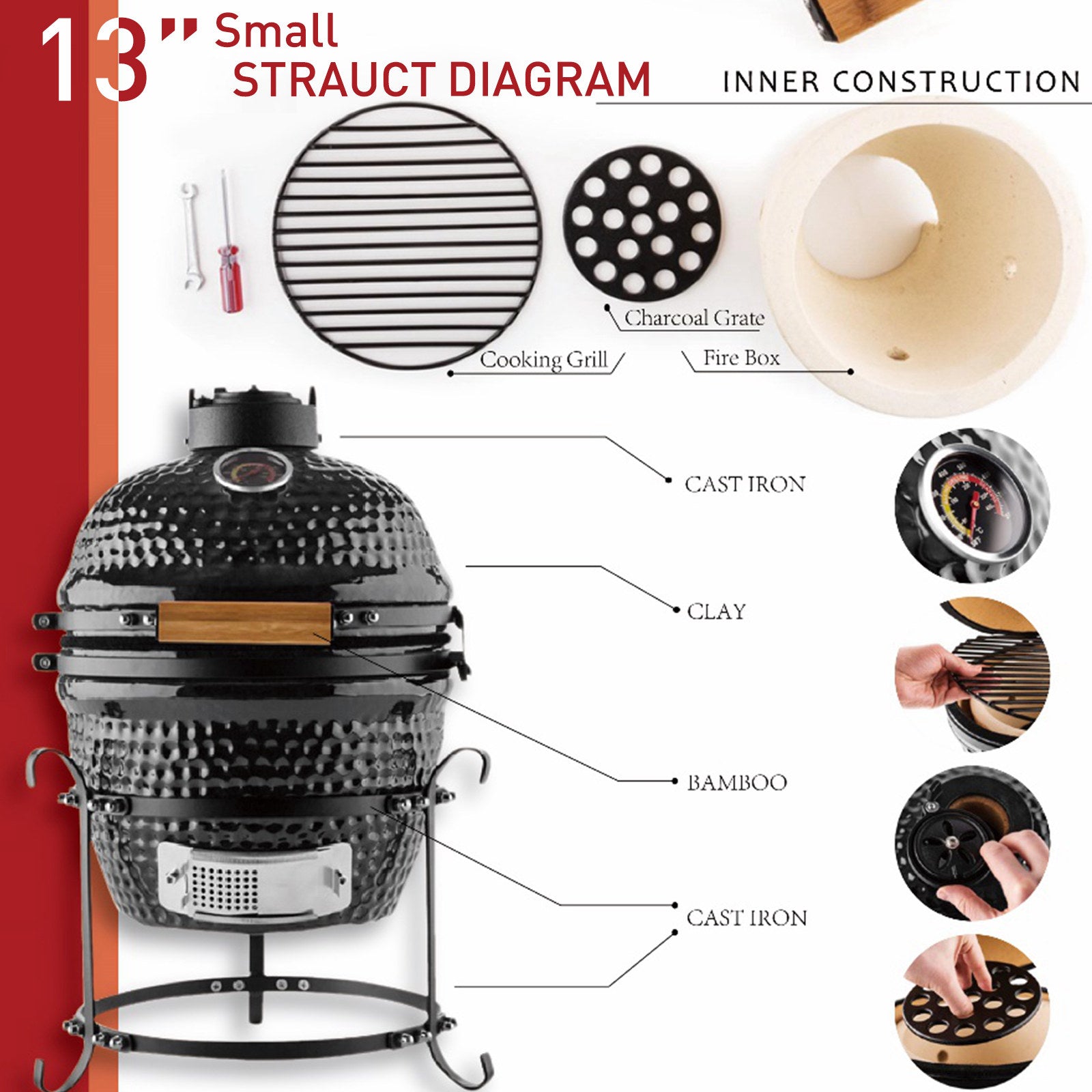 Outsunny Charcoal Grill Ceramic Kamado BBQ Grill Smoker Oven Japanese Egg Barbecue - Inspirely