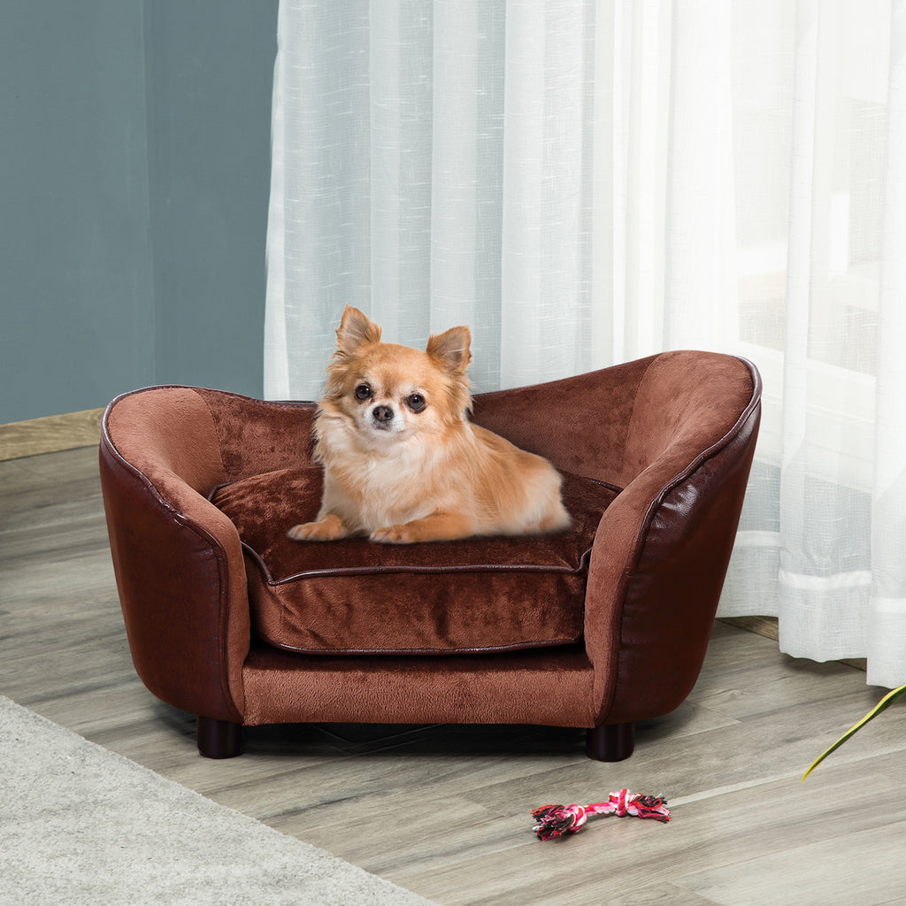 PawHut Dog Sofa Chair with Legs, Pet Couch with Soft Cushion for Extra Small Dogs Cats, Brown, 68.5 x 40.5 x 40.5 cm