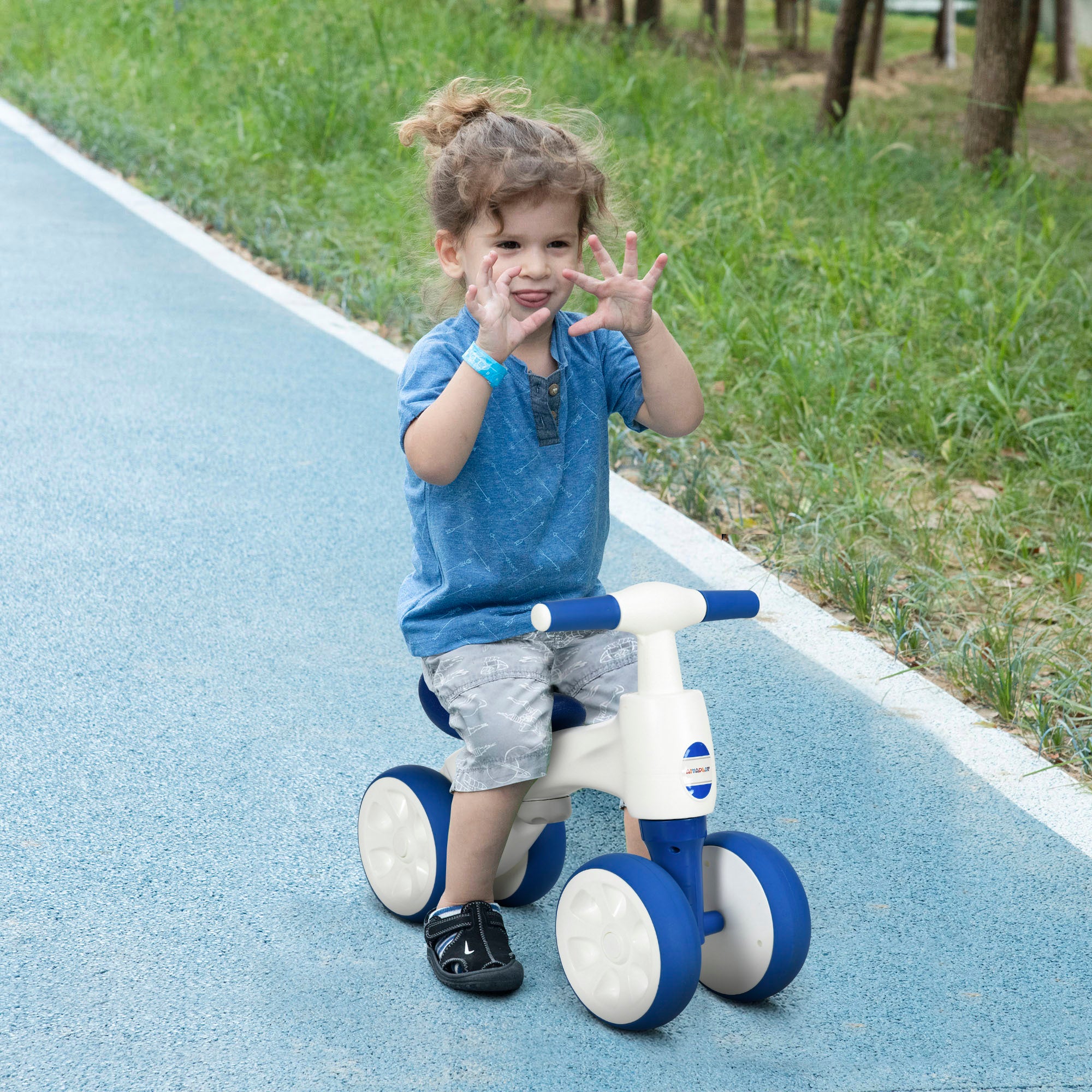 AIYAPLAY Balance Bike for 18-36 Months with Anti Slip Handlebars, 4 Wheels, No Pedal, Gift for Boys and Girls - Blue