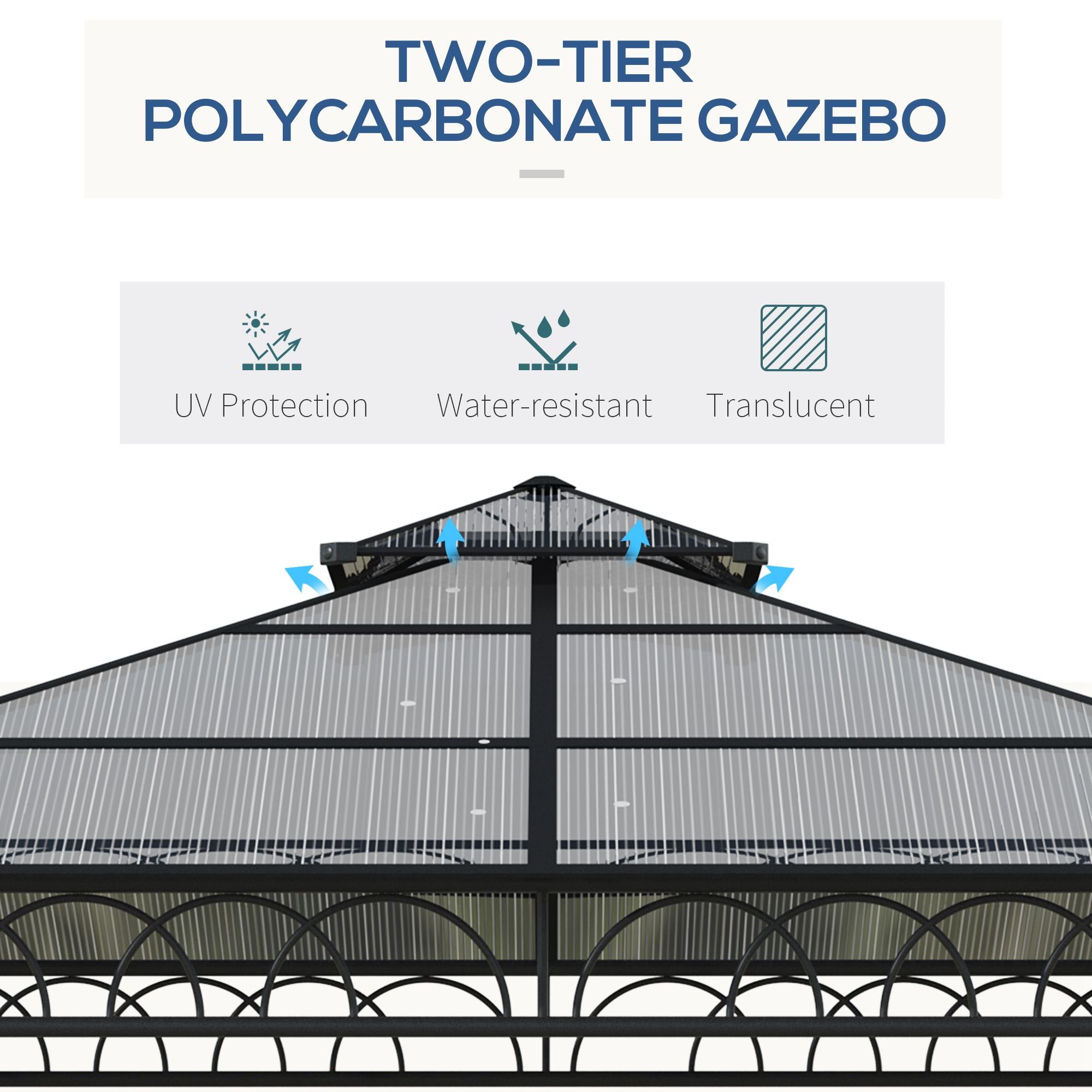 Outsunny 3 x 3 (m) Outdoor Polycarbonate Gazebo, DoubleÂ Roof Hard Top Gazebo withÂ Galvanized Steel Frame, NettingsÂ &Â Curtains