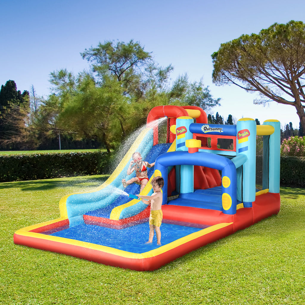 Outsunny 4 in 1 Bouncy Castle, with Slide, Pool, Trampoline, Climbing Wall, Blower - Multicoloured