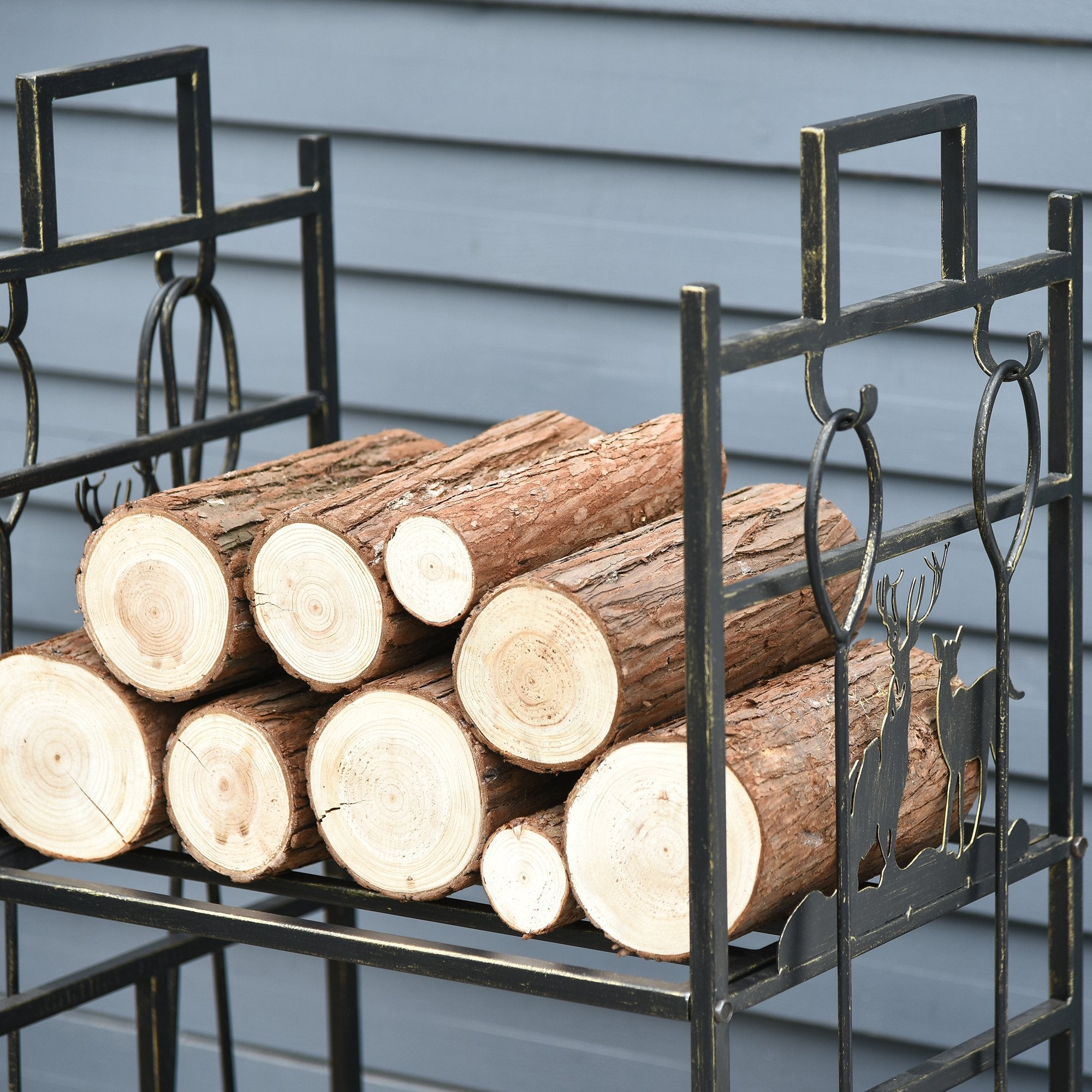 Outsunny 2-Layer Heavy Duty Firewood Rack Wood Log Fireplace Stacker  w/ 4 Tools, Gold - Inspirely