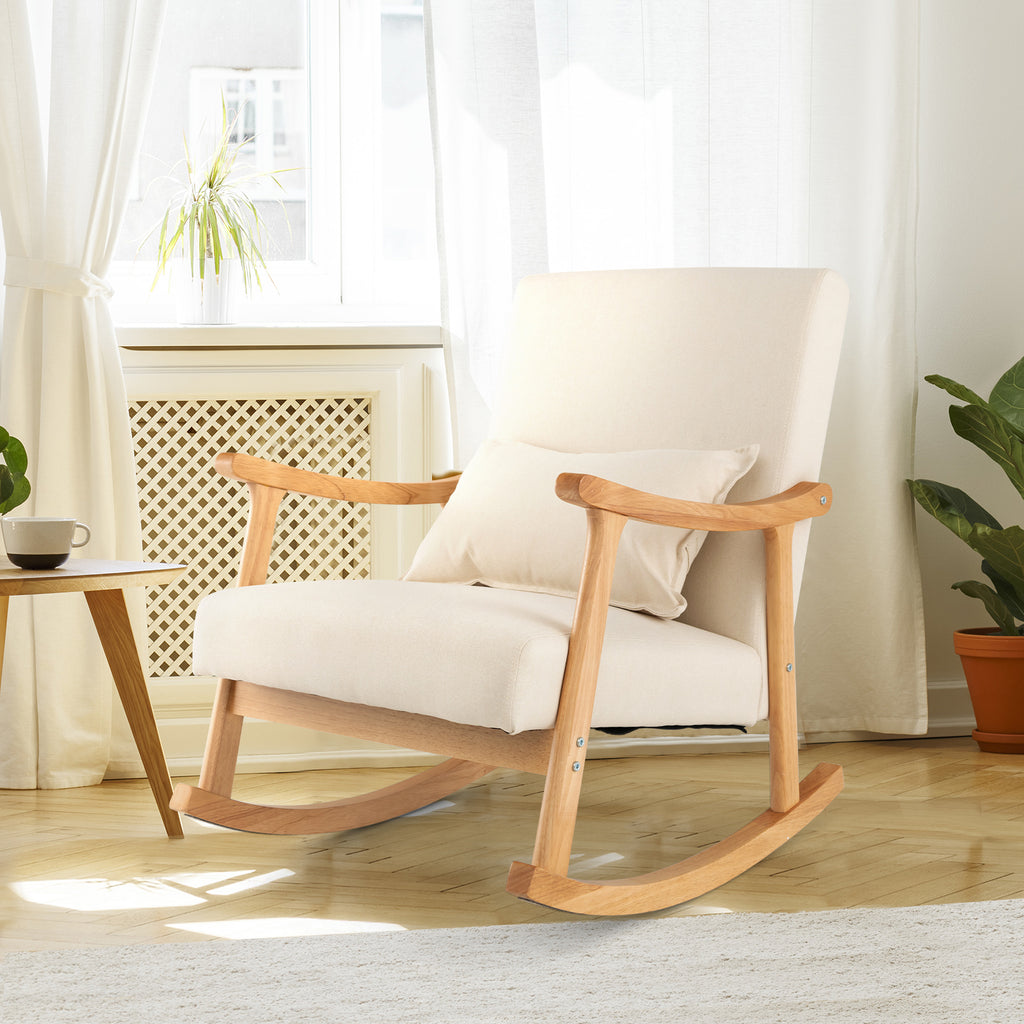 Upholstered Rocking Chair Modern Rocker with Rubber Wood Frame-Beige