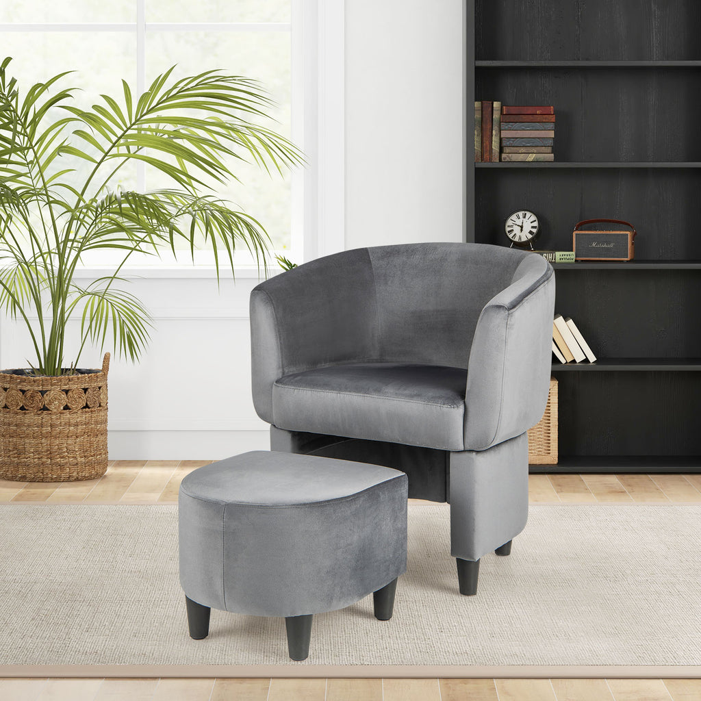 Upholstered Velvet Barrel Chair Modern Club Chair with Ottoman-Grey