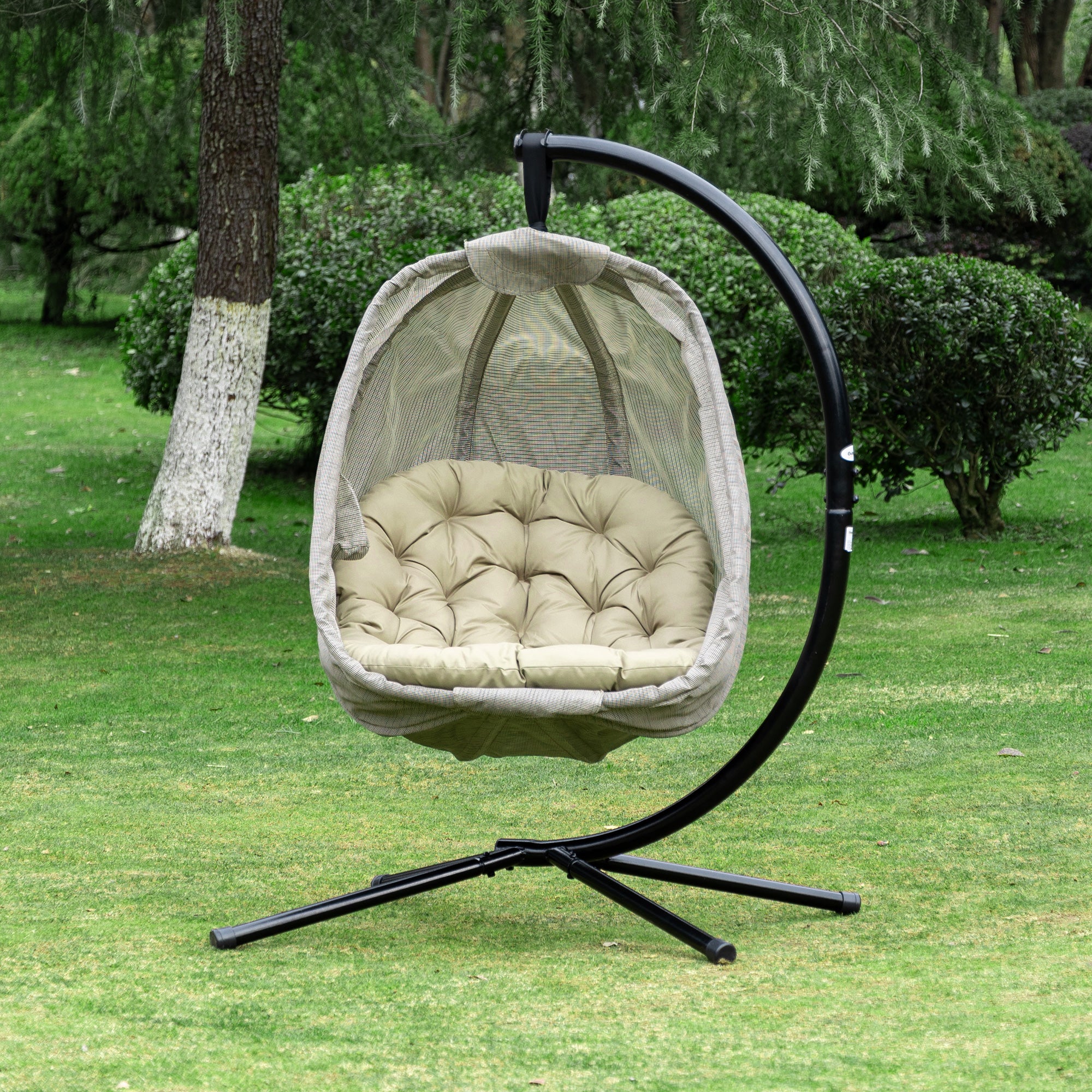 Outsunny Hanging Egg Chair, Folding Swing Hammock with Cushion and Stand for Indoor Outdoor, Patio Garden Furniture, Khaki