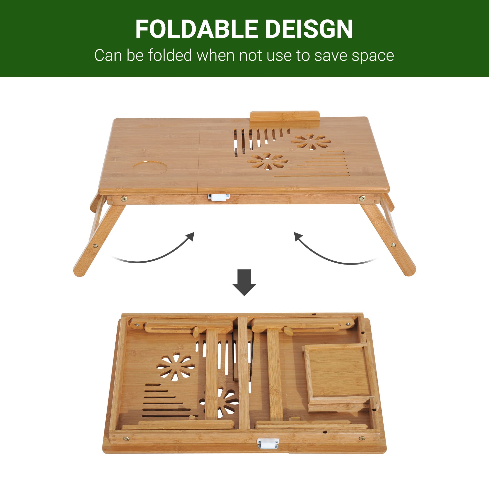 HOMCOM Foldable Laptop Desk Portable Bamboo Laptop Desk with Drawer - Inspirely