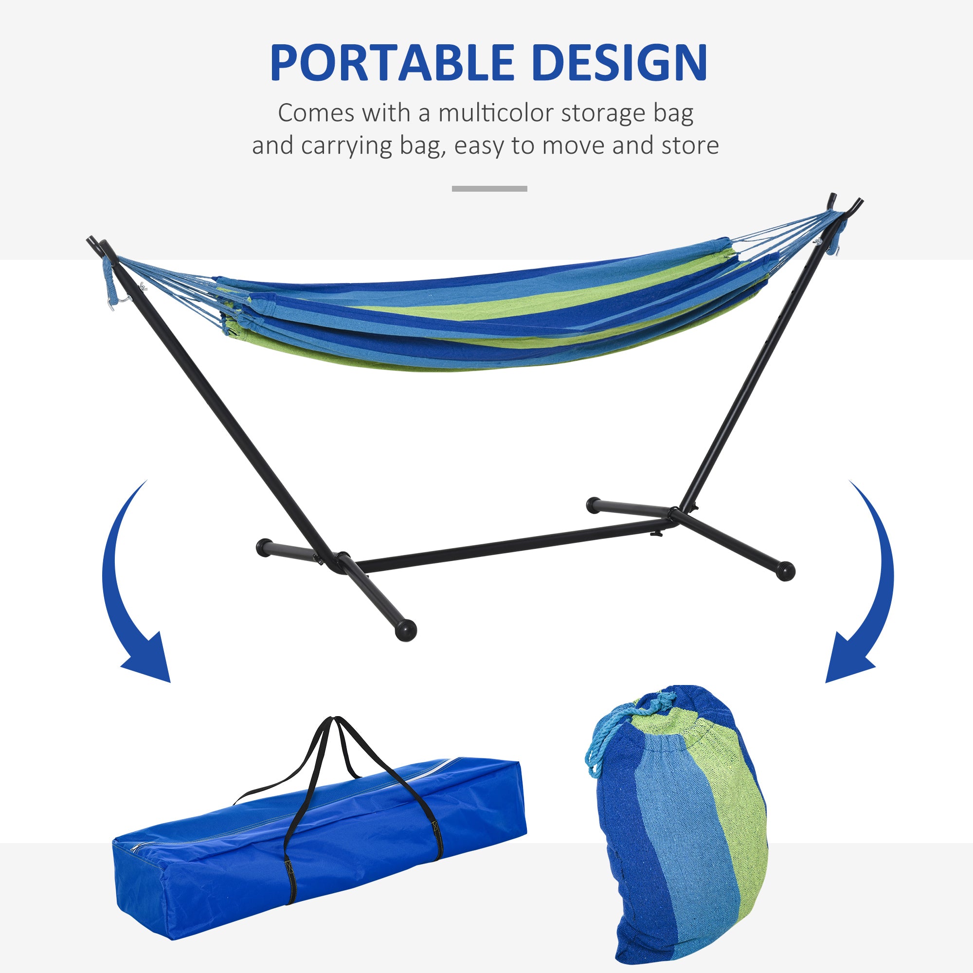 Outsunny 294 x 117cm Hammock with Stand Camping Hammock with Portable Carrying Bag, Adjustable Height, 120kg Load Capacity, Green Stripe - Inspirely