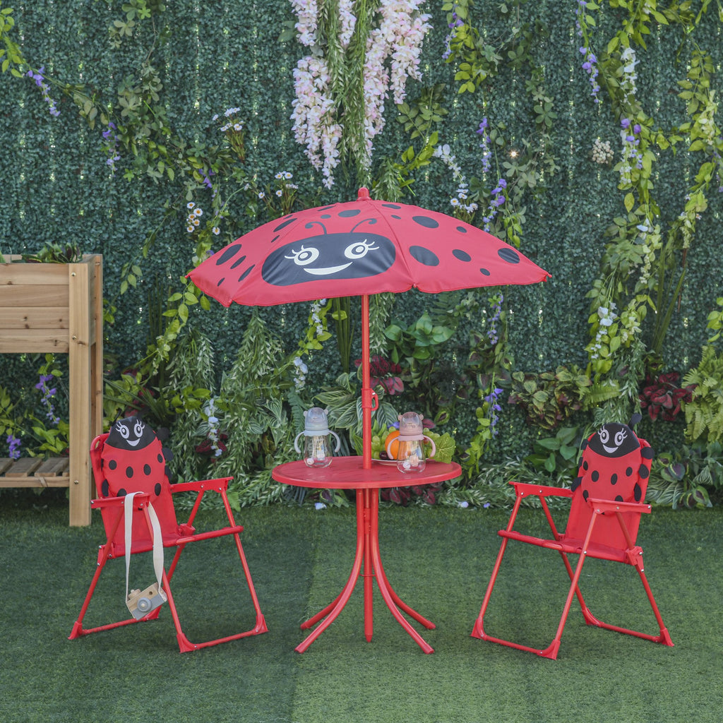 Kids Folding Picnic Table & Chairs Set Ladybug Pattern Outdoor Parasol - Inspirely