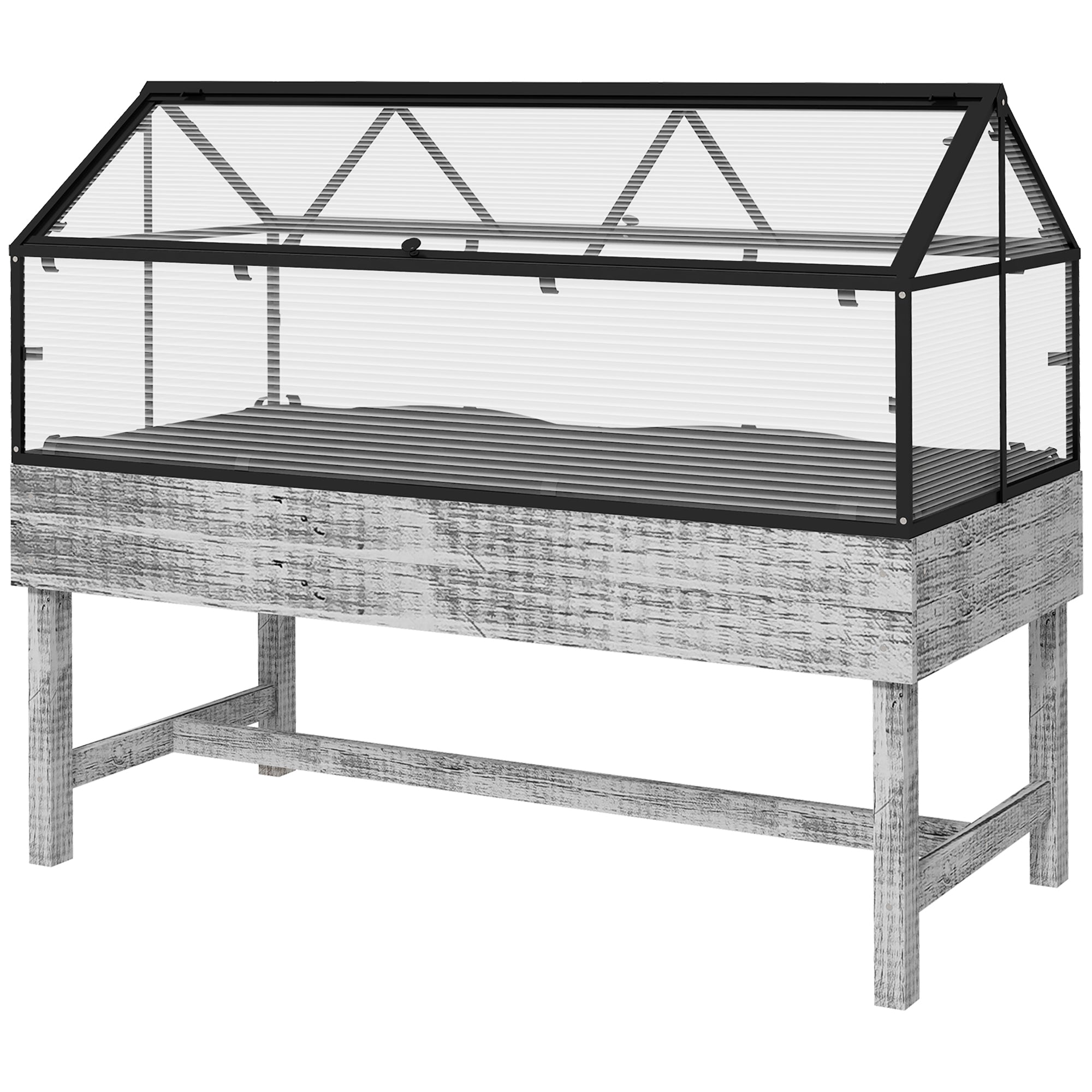 Outsunny Elevated Wood Planter with Mini Greenhouse Raised Garden Bed with PC Panel Top Vent 120 x 60 x 103cm Distressed Grey