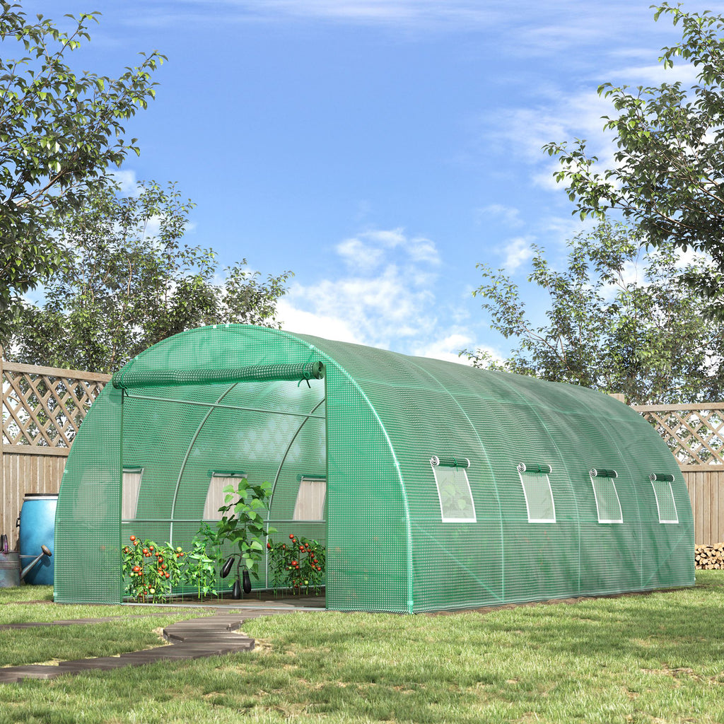 Outsunny 6 x 3 m Large Walk-In Greenhouse Garden Polytunnel Greenhouse with Steel Frame, Zippered Door and Roll Up Windows, Green - Inspirely
