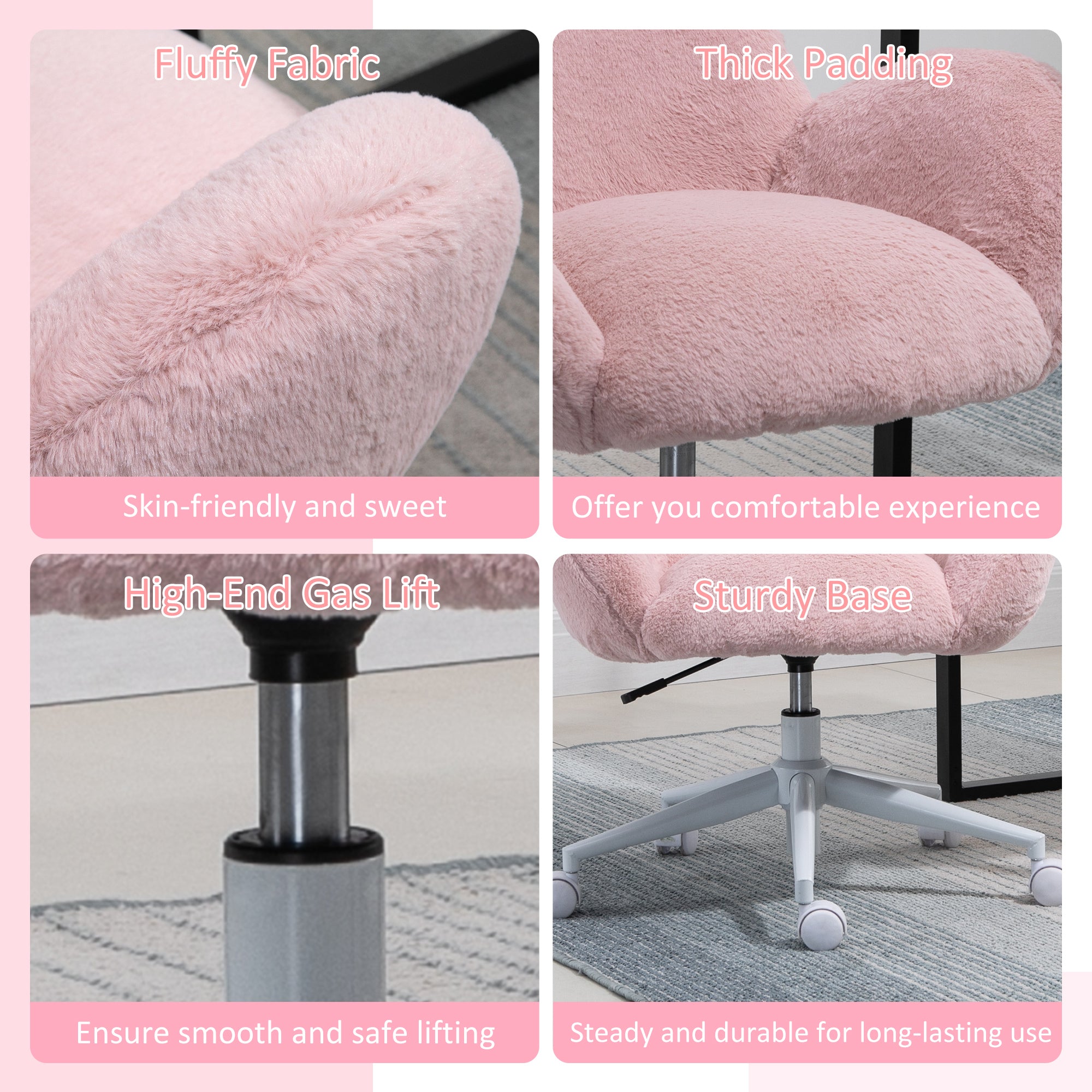 HOMCOM Fluffy Leisure Chair Office Chair with Backrest and Armrest for Home Bedroom Living Room with Wheels Pink