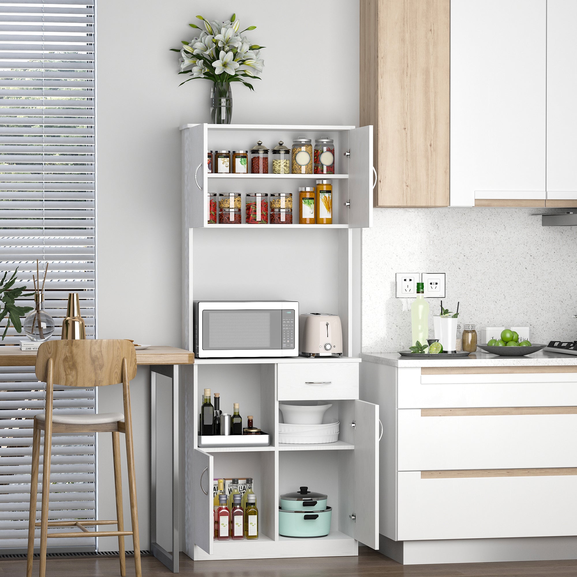 HOMCOM Kitchen Cupboard with Doors Cabinet Shelves Drawer Open Countertop Storage Cabinet for Living Room, Entrance, White - Inspirely