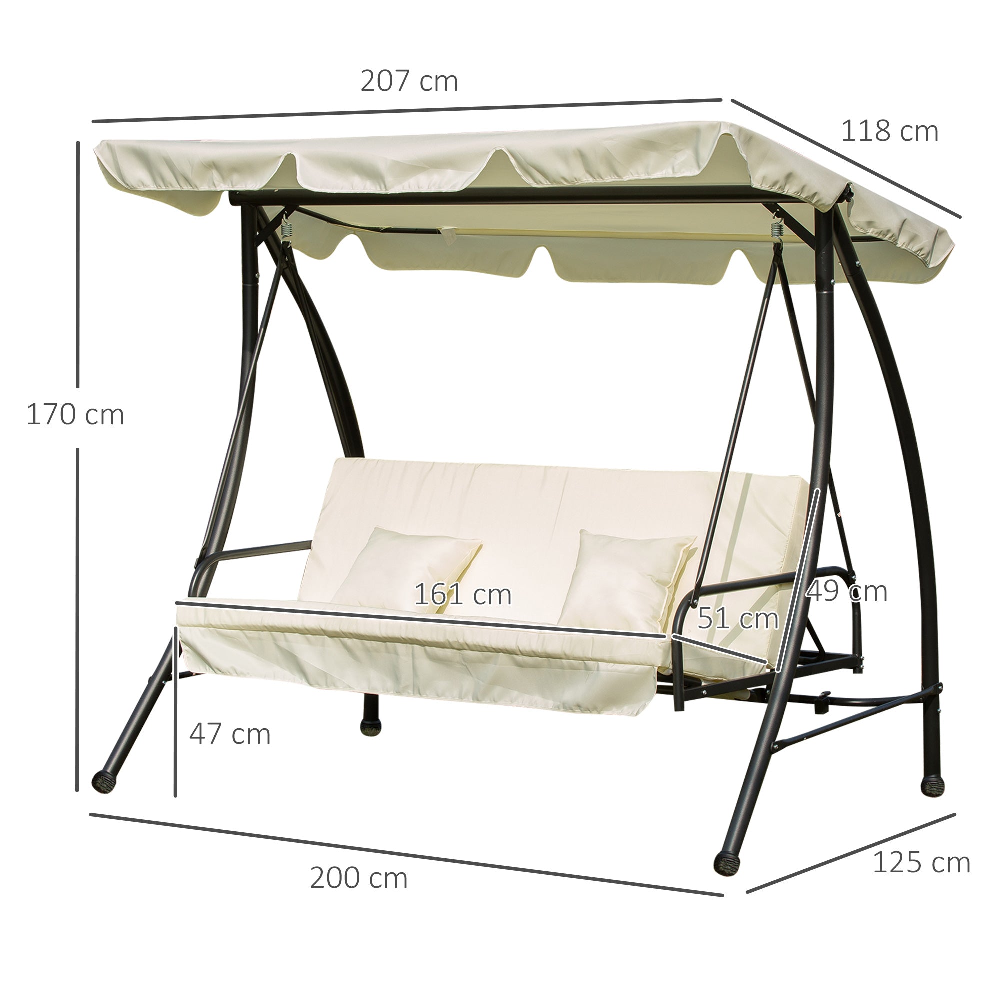 Outsunny 3 Seater Swing Chair 2-in-1 Hammock Bed Patio Garden Chair with Adjustable Canopy and Cushions, Cream White - Inspirely