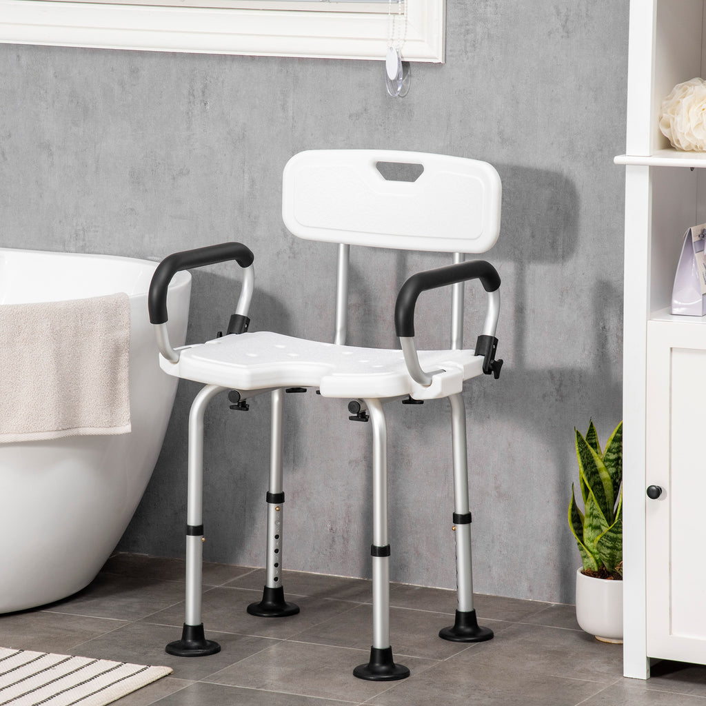 HOMCOM Shower Chair for the Elderly and Disabled, Height Adjustable Shower Stool with Back and Flipped Padded Arms, Suction Foot Pads, White