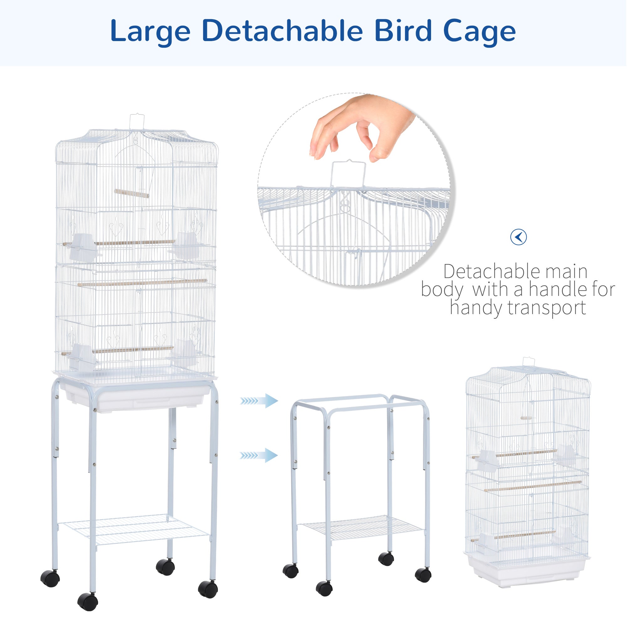 PawHut Metal Bird Parrot Cage w/ Breeding Stand Feeding Tray Wheels Parakeet Pet Supply White 47.5L x 37W x 153H (cm) - Inspirely