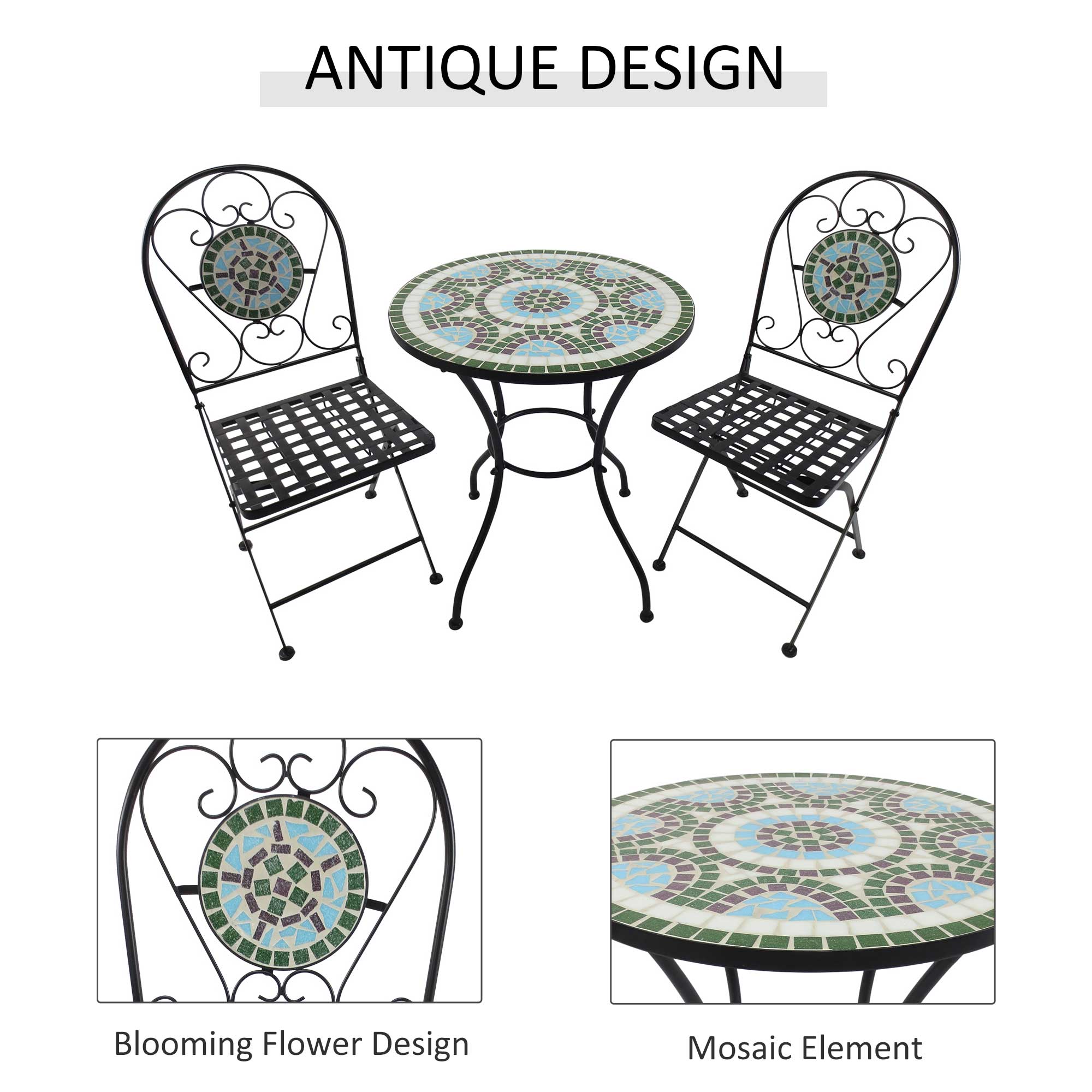 Outsunny 3pc Bistro Set Metal Dining Set Mosaic Garden Table 2 Seater Folding Chairs Patio Furniture Outdoor