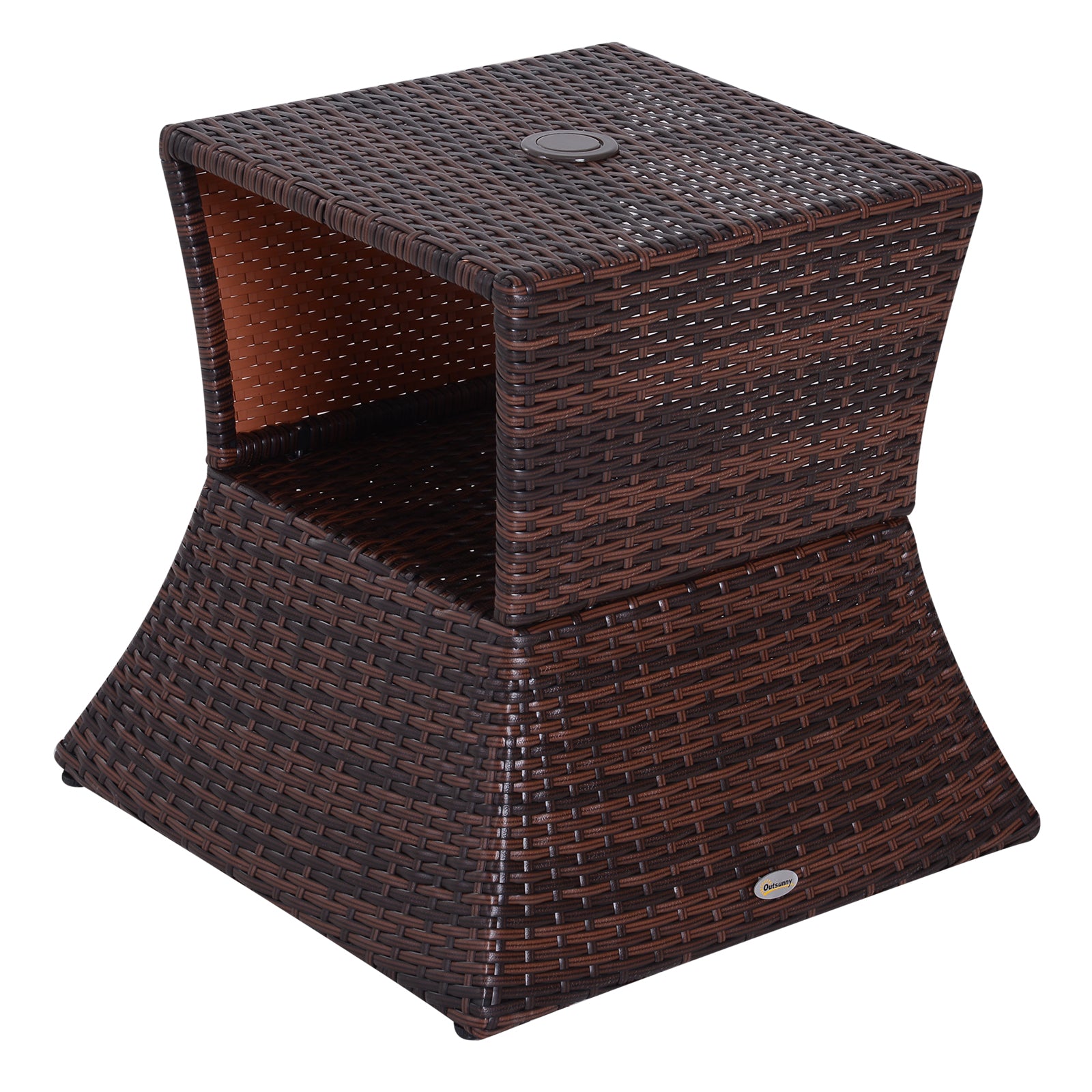 Outsunny Outdoor Patio Rattan Wicker Coffee Table Bistro Side Table w/ Umbrella Hole and Storage Space, Brown