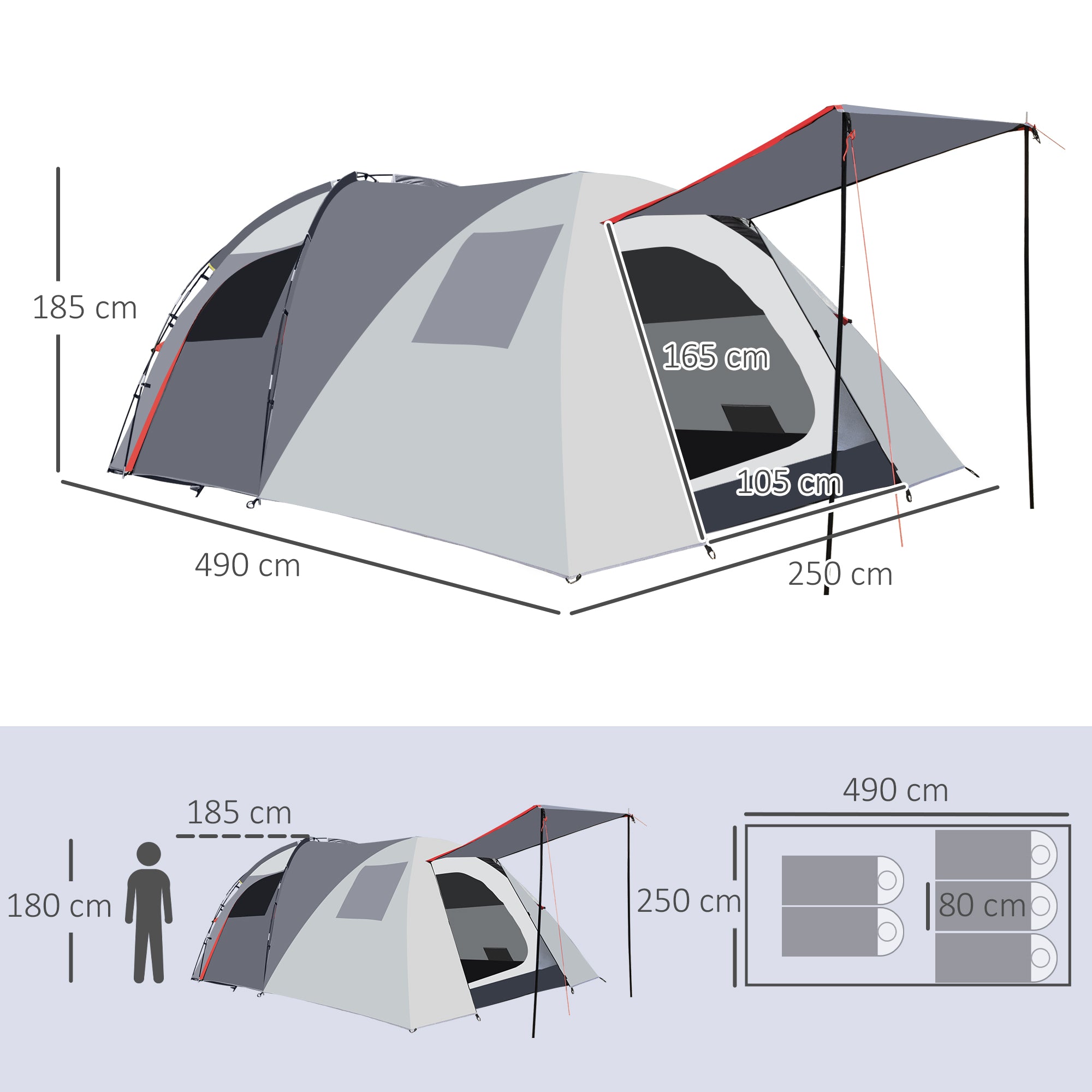 Outsunny 4-5 Man Outdoor Tunnel Tent, Two Room Camping Tent with Portable Mat, Sewn-In Floor Breathable Mesh Windows for Fishing, Festival, Hiking