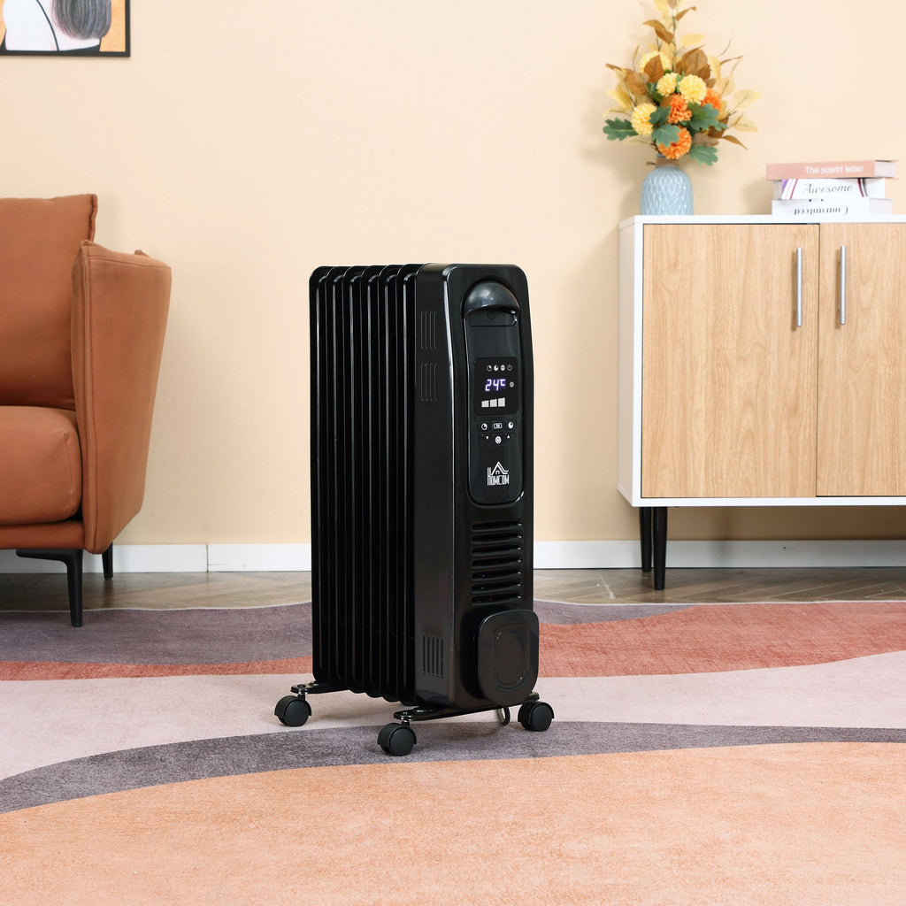 HOMCOM 1630W Digital Oil Filled Radiator, 7 Fin, Portable Electric Heater with LED Display, Built-in Timer, 3 Heat Settings, Remote Control, Black - Inspirely