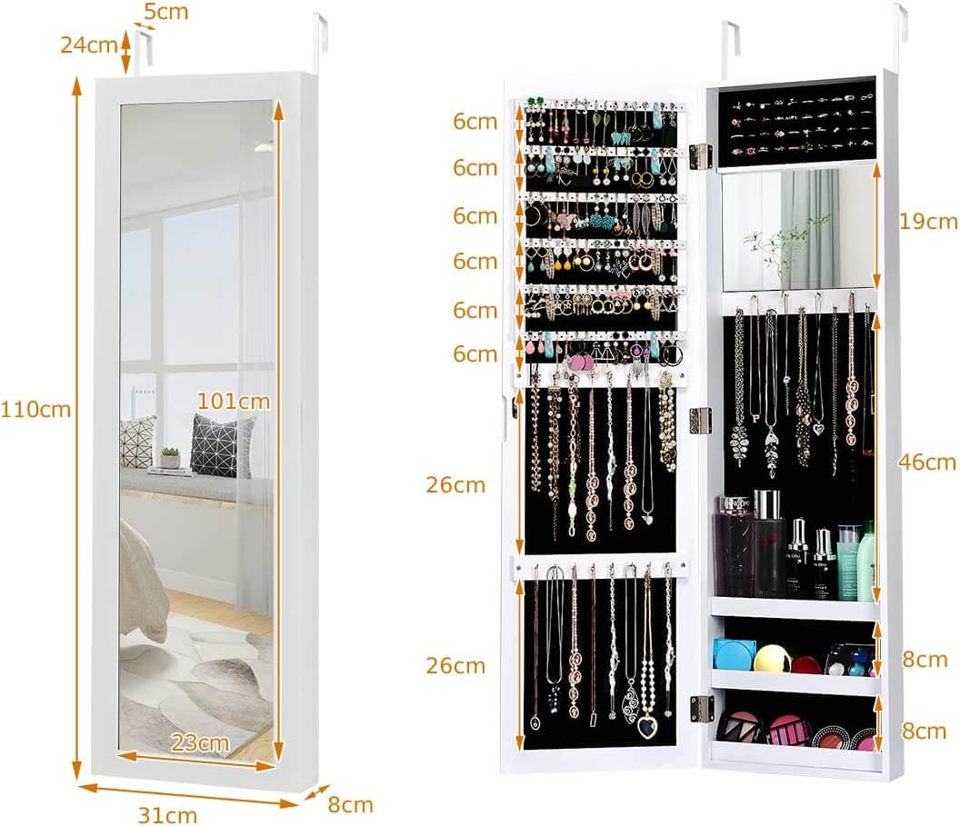 Wall Mounted Jewelry Armoire with Built-in Mirror and 3 Shelves -White