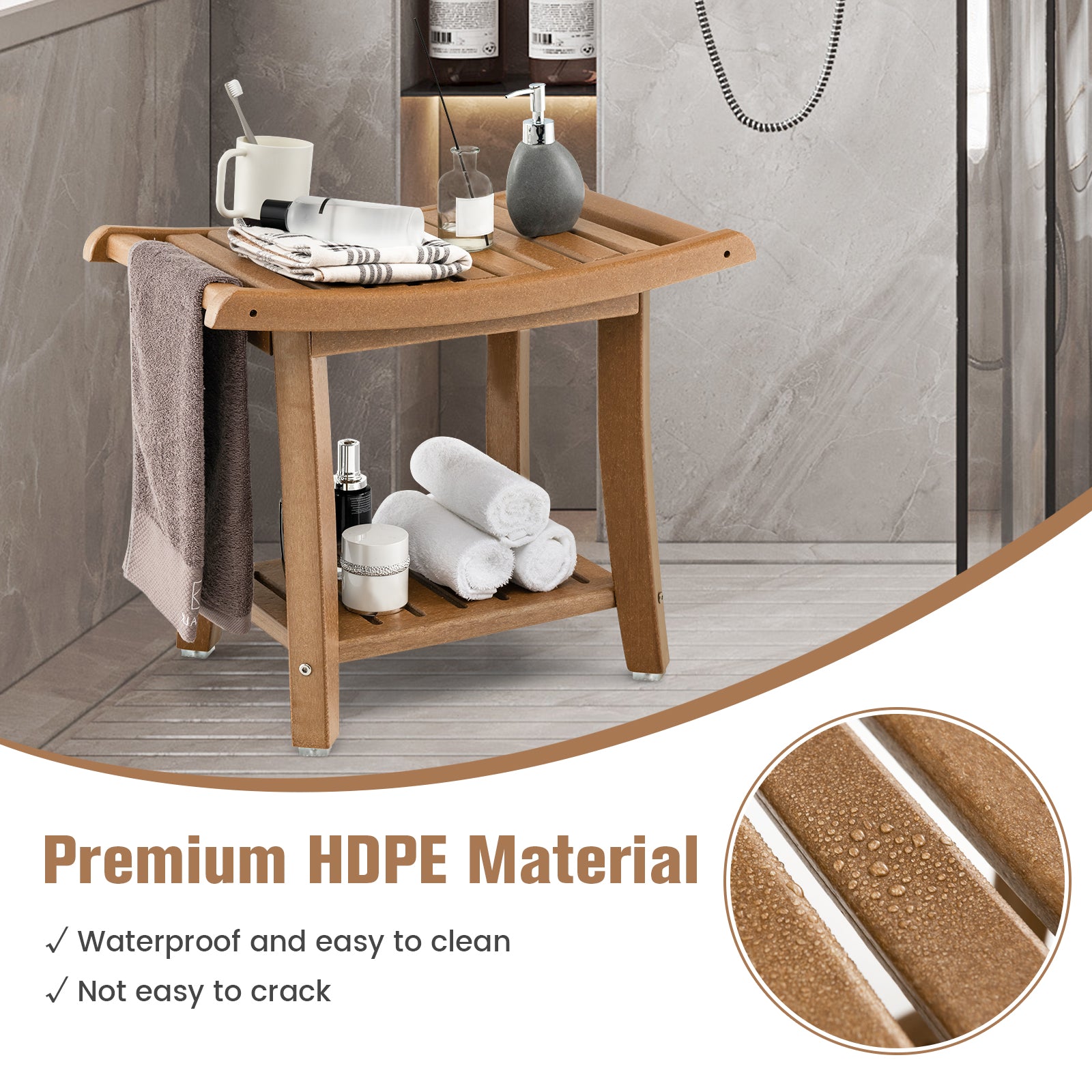 2-tier HDPE Waterproof Shower Bench with Curved Seat-Brown