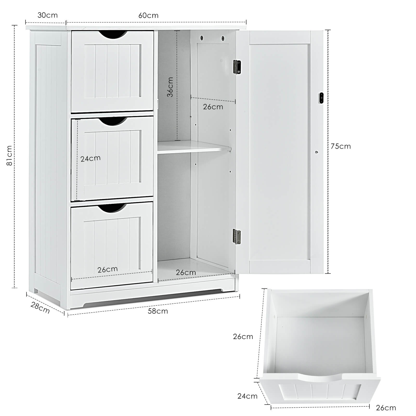 1 Door Freestanding Bathroom Cabinet with 3 Drawers White