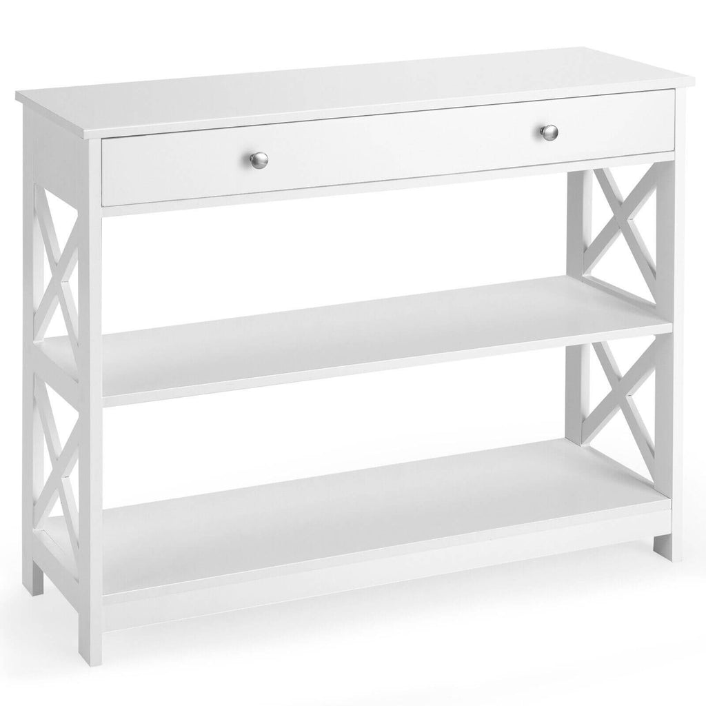 3 Tier Console Table with 1 Drawer and 2 Storage Shelves White