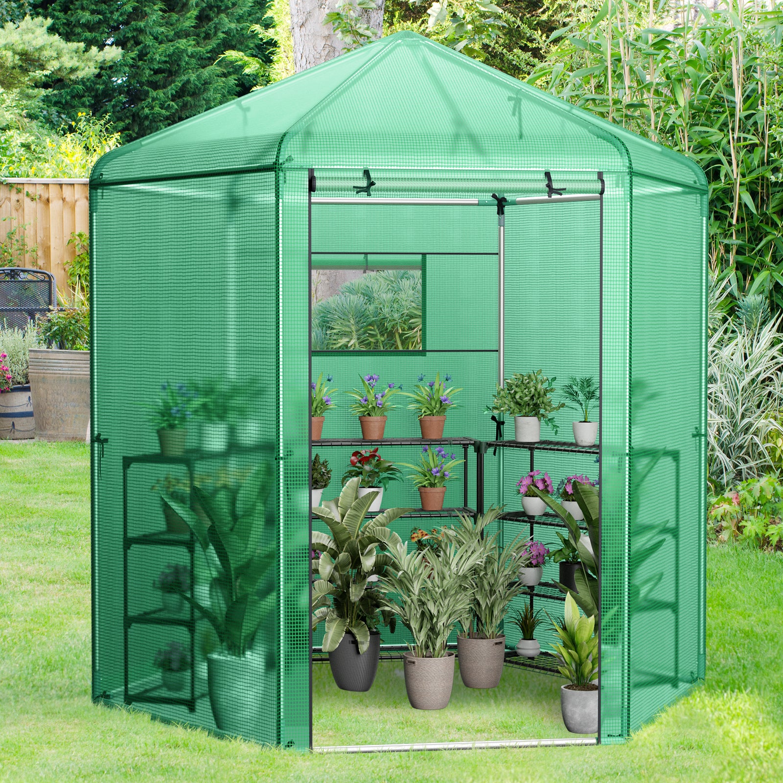 214 x 183 x 227 cm Walk-In Greenhouse with PE Cover and Metal Frame