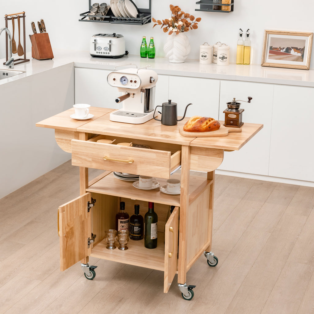 Wood Drop-Leaf Kitchen Cart with Drawer Open Shelf Locking Casters-Natural