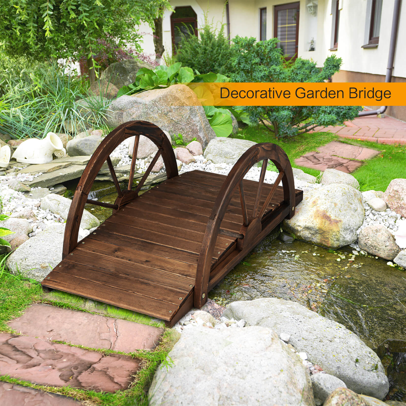 Wooden Garden Bridge with Half Wheel Railings-Rustic Brown