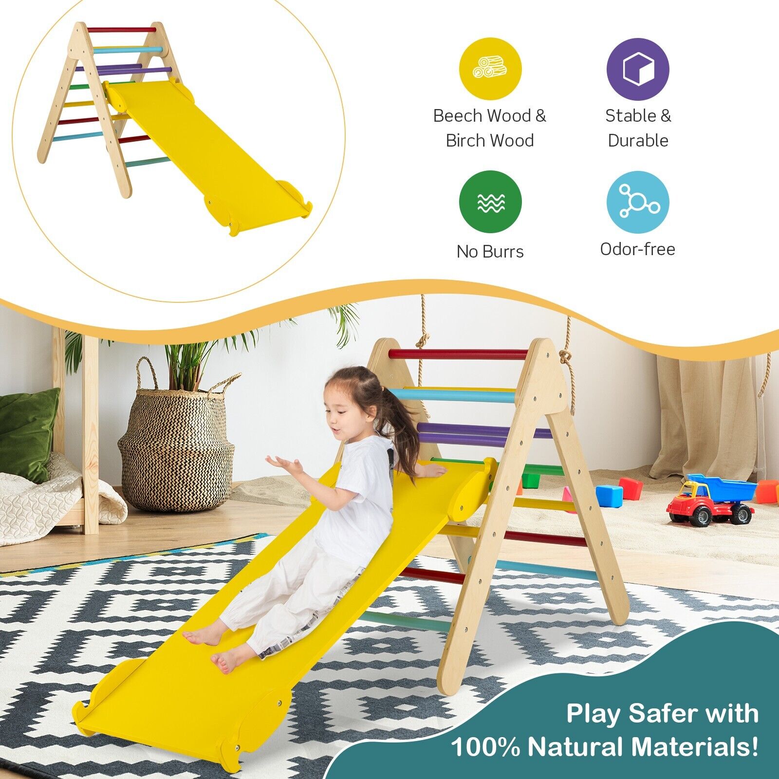 Wooden Triangle Climbing Ladder Set with 2 in 1 Reversible Ramp Multicolour