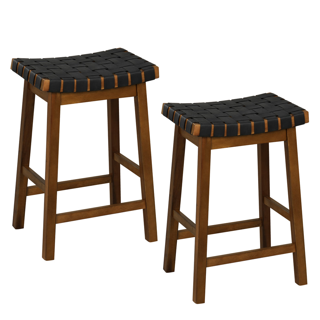 Faux PU Leather Counter Height Stools Set of 2 with Woven Curved Seat-Black; Brown