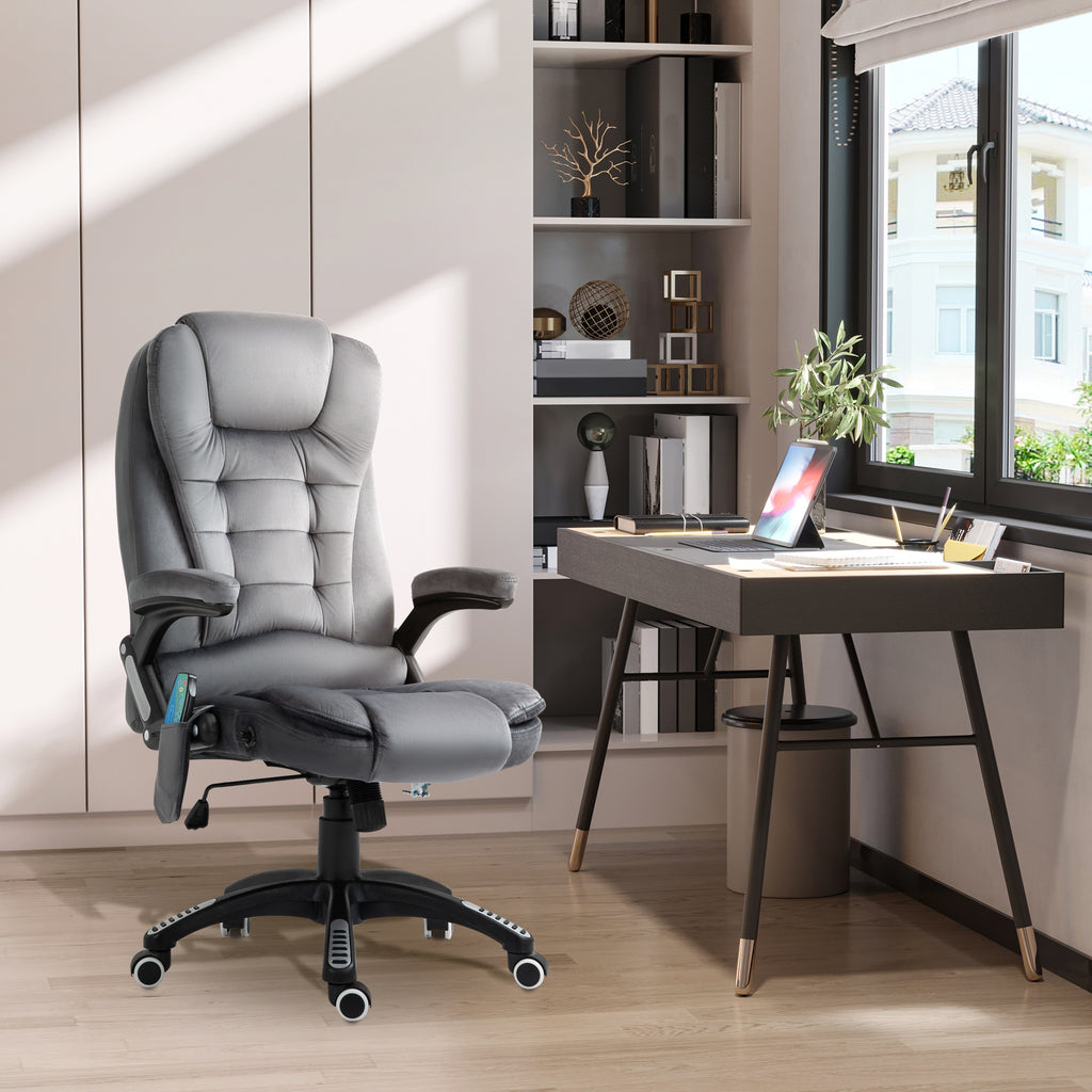 Vinsetto Massage Recliner Chair Heated Office Chair with Six Massage Points Velvet-Feel Fabric 360° Swivel Wheels Grey