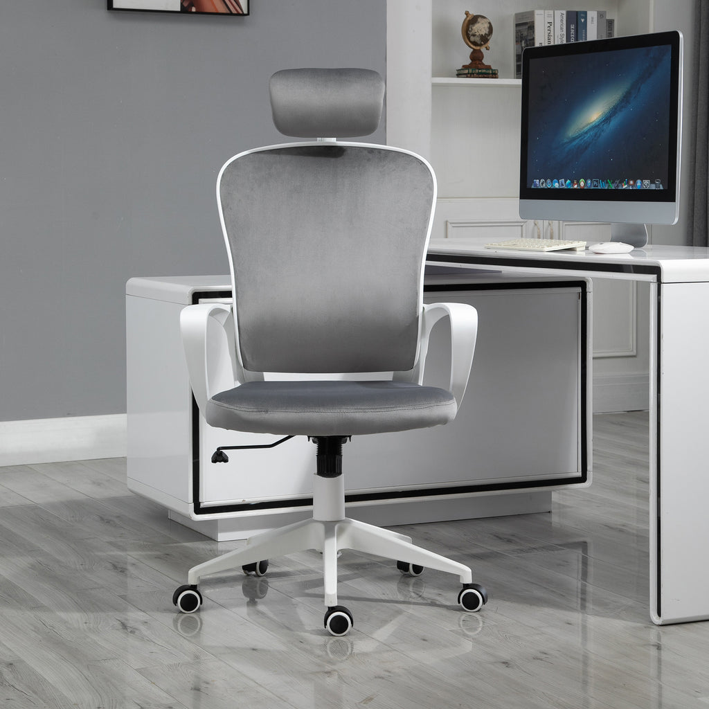 Vinsetto High-Back Office Chair Velvet Style Fabric Computer Home Rocking with Wheels, Rotatable Liftable Headrest, Grey