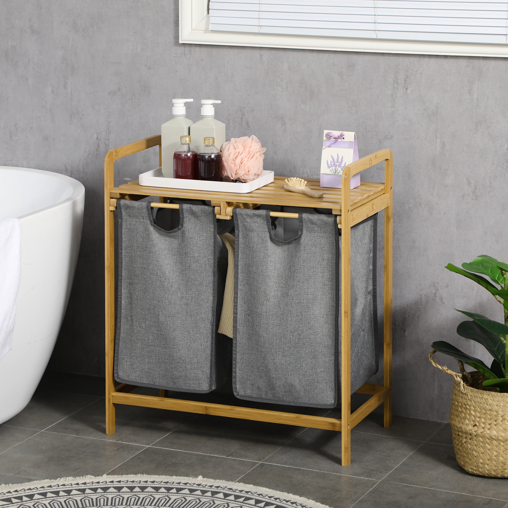 HOMCOM Bamboo Laundry Basket, Laundry Hamper with Shelf, Pull-out Bags for Bedroom, Bathroom, Laundry Room, 64 x 33 x 73 cm, Grey