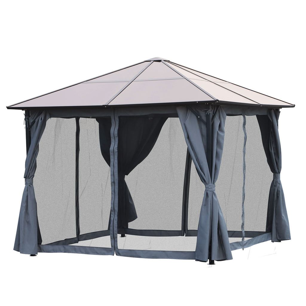 Outsunny 4 x 3(m) Garden Aluminium Gazebo Hardtop Roof Canopy Marquee Party Tent Patio Outdoor Shelter with Mesh Curtains & Side Walls - Grey - Inspirely