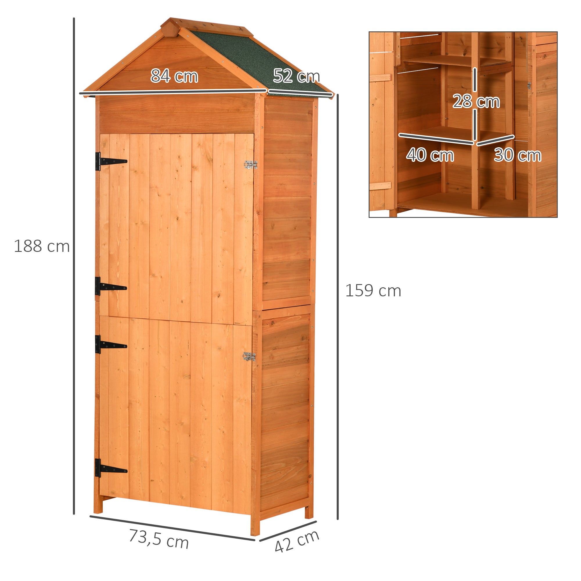 Outsunny 84 x 52cm Garden Shed 4-Tier Wooden Garden Outdoor Shed 3 Shelves Utility Gardener Cabinet Lockable Double Doors Tool Kit Storage - Teak