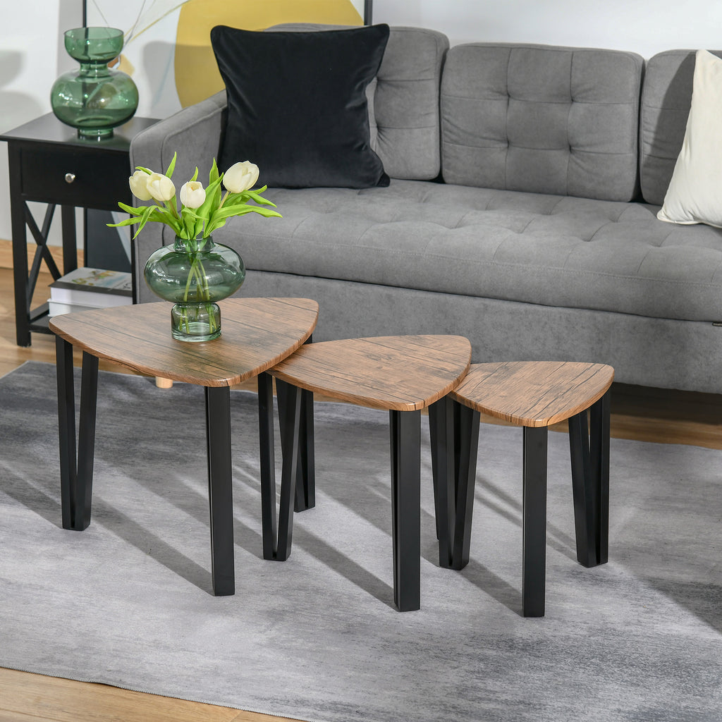 HOMCOM 3 PCs MDF Steel Nesting Table Coffee Table Set Multifunctional End Side Table Living Room Furniture Walnut Wood Grain - Inspirely