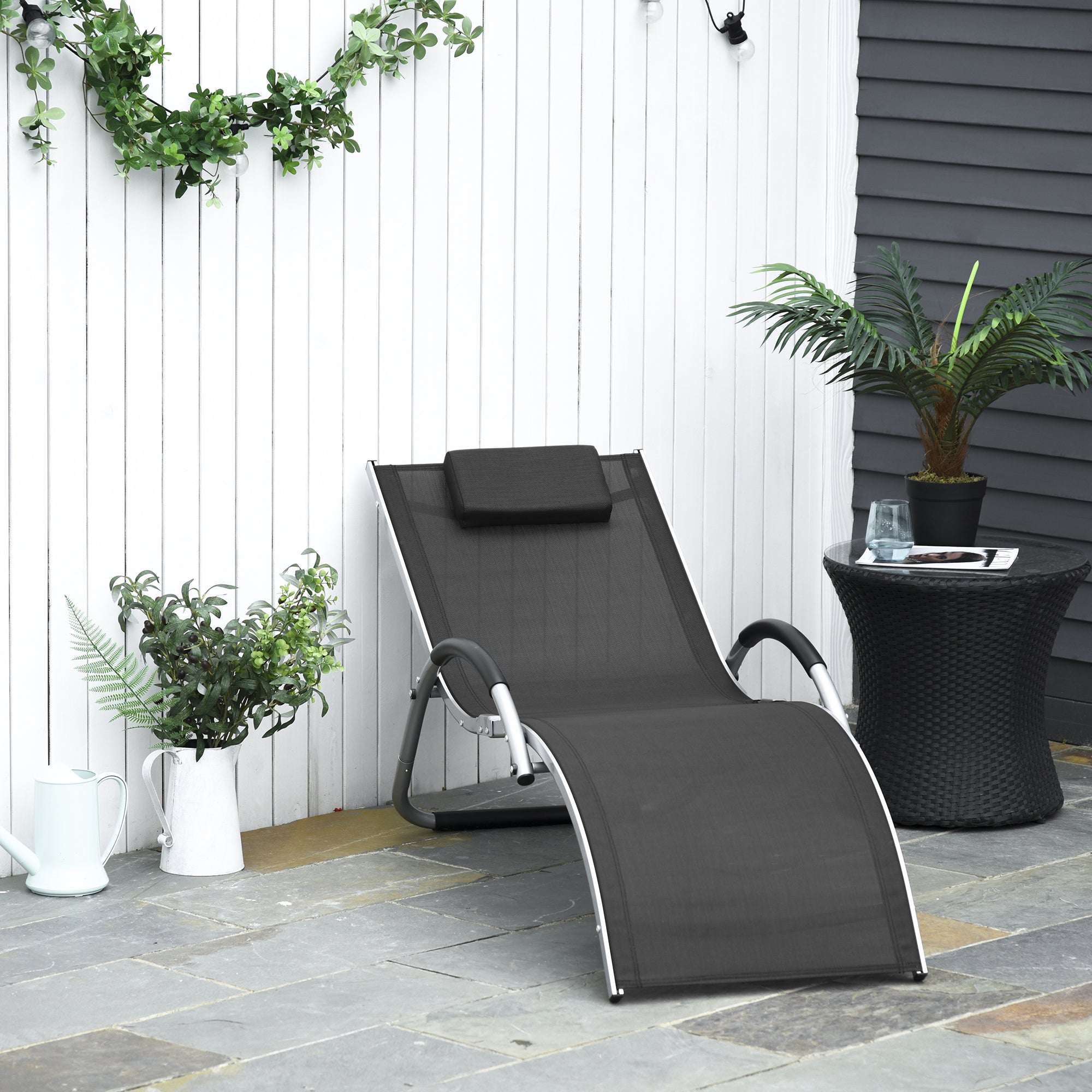 Outsunny Ergonomic Lounger Chair Portable Armchair with Removable Headrest Pillow for Garden Patio Outside All Aluminium Frame Black - Inspirely