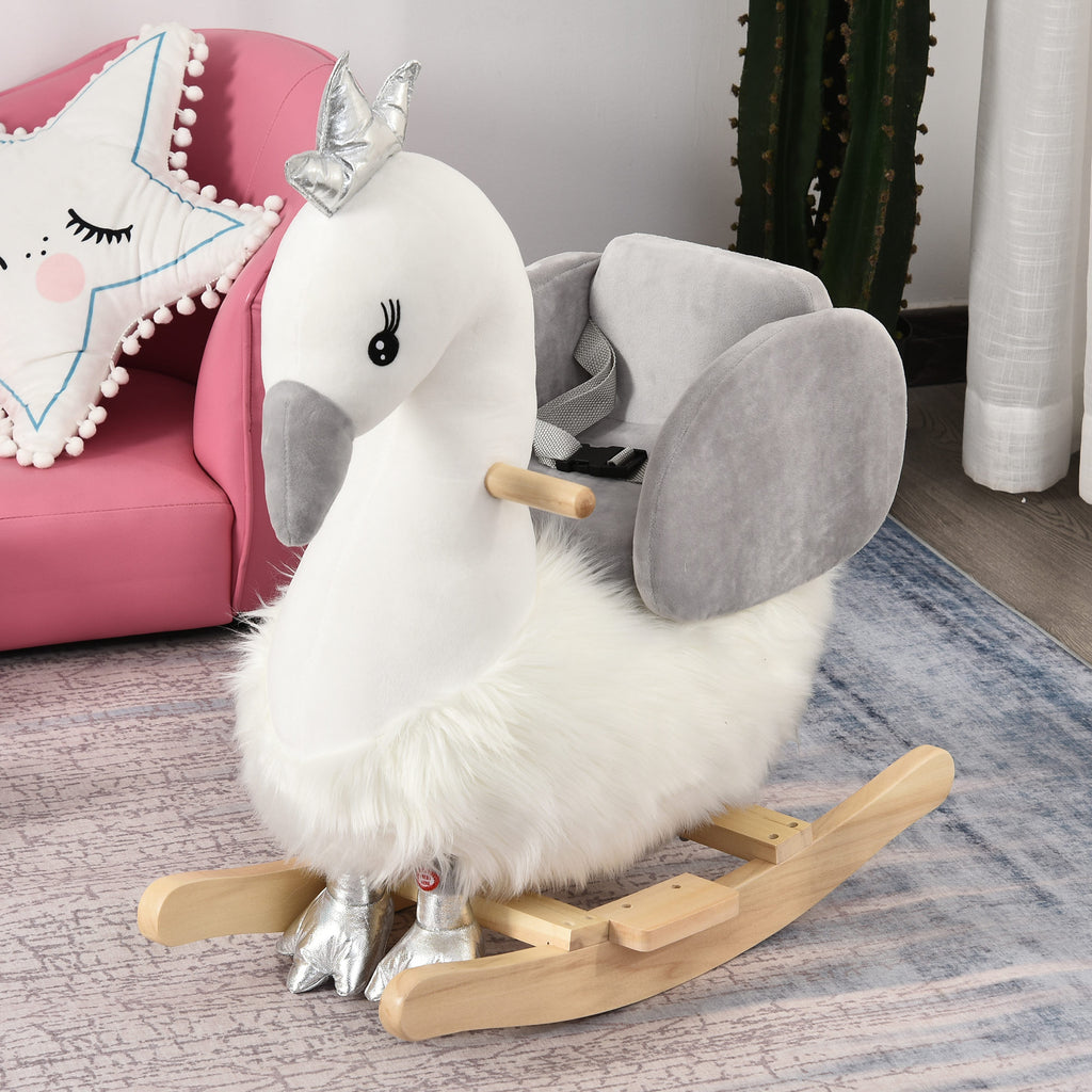 HOMCOM Kids Plush Ride-On Rocking Animal Horse Swan-shaped Toy Rocker with Realistic Sounds for Toddler 18-36 Months