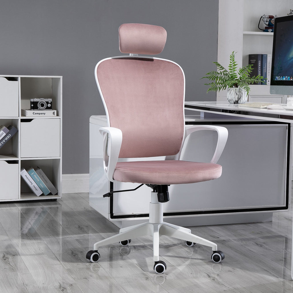 Vinsetto High-Back Office Chair Velvet Style Fabric Computer Home Rocking with Wheels, Rotatable Liftable Headrest, Pink - Inspirely