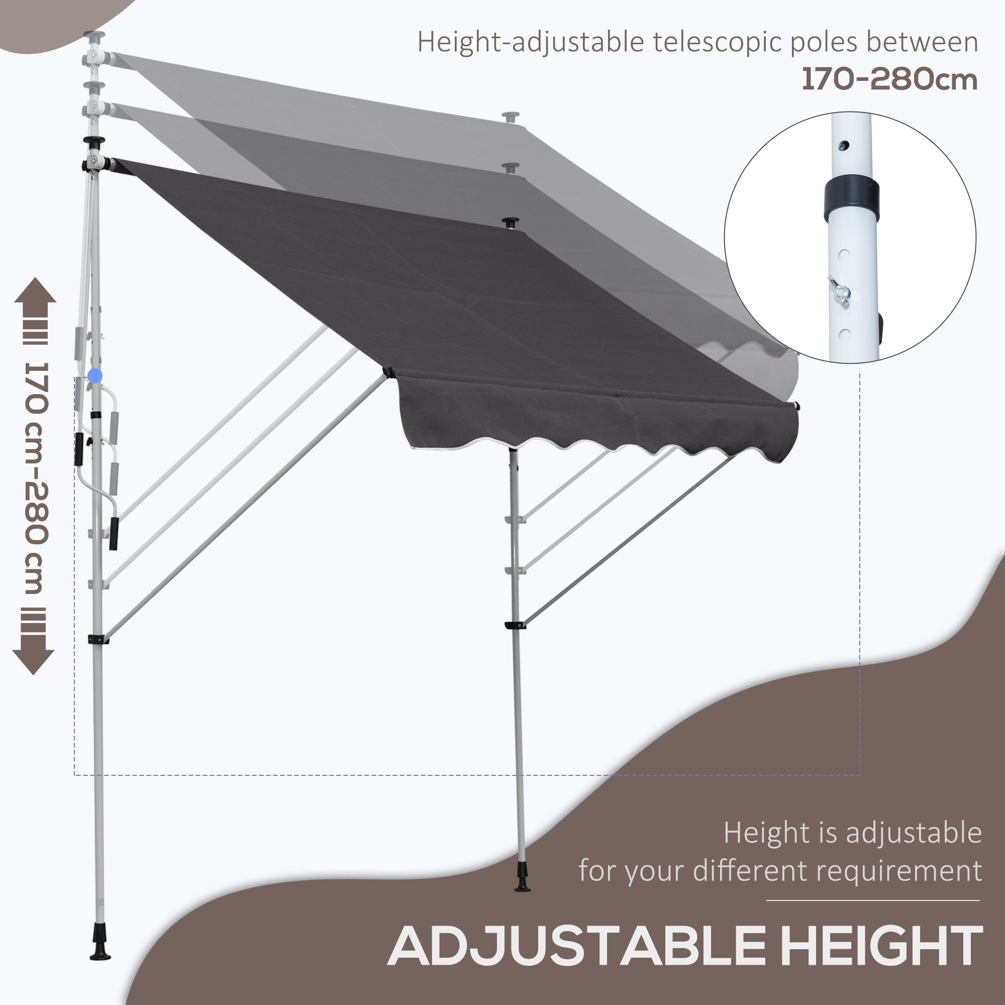Outsunny Balcony 2 x 1.5m Manual Adjustable Awning DIY Patio Clamp Awning Canopy  Retractable Shade Shelter - Grey - Inspirely