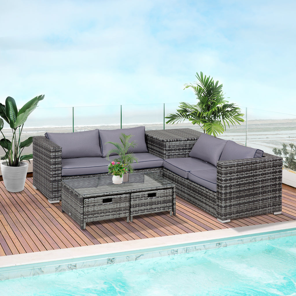 Outsunny 4-Seater Rattan Wicker Garden Furniture Patio Sofa Storage & Table Set w/ 2 Drawers Coffee Table,Great Cushioned 4 Seats Corner Sofa - Grey - Inspirely