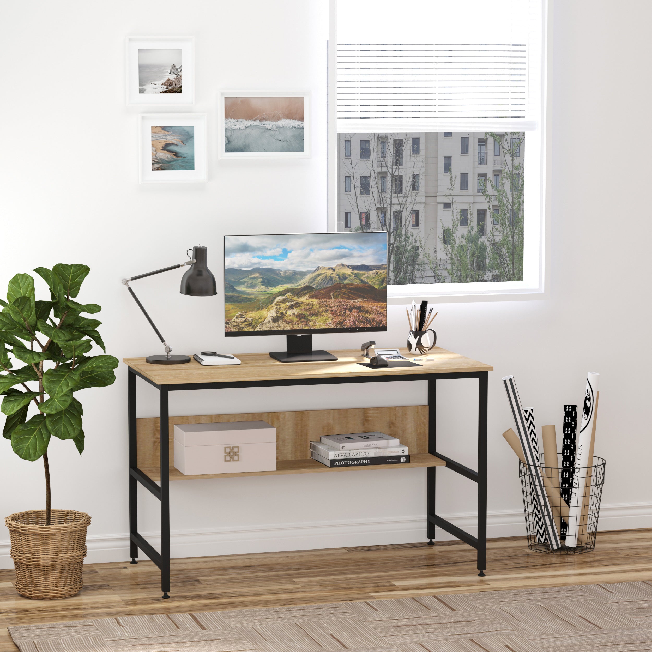 Metal Frame 2-Tier Office Desk White/Oak - Inspirely