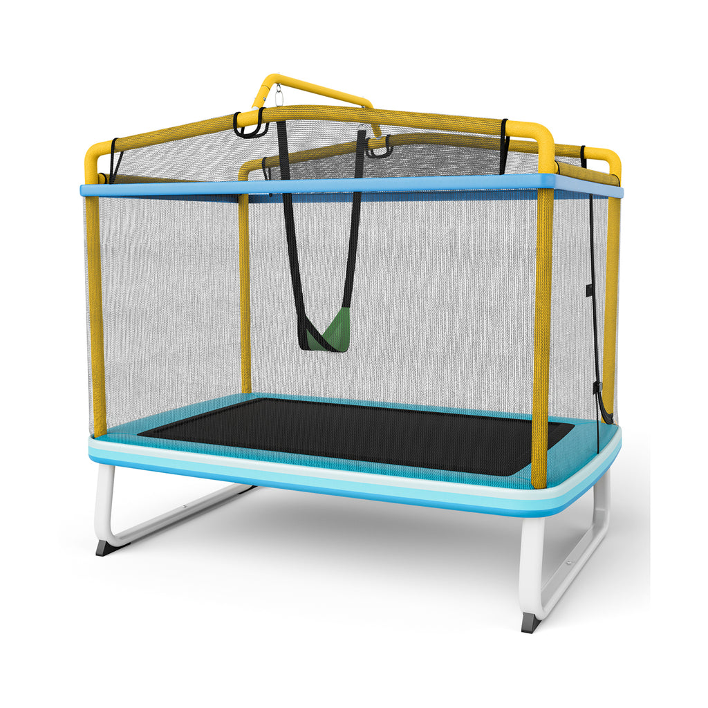 190CM 3-in-1 Kids Rectangle Trampoline with Enclosure Net and Horizontal Bar-Yellow