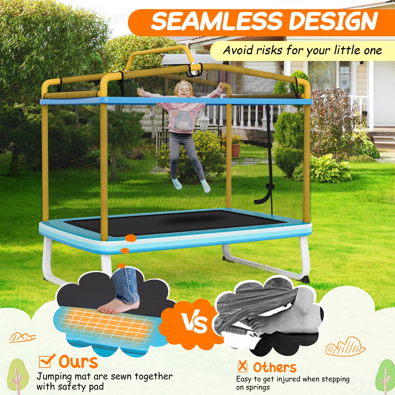 190CM 3-in-1 Kids Rectangle Trampoline with Enclosure Net and Horizontal Bar-Yellow